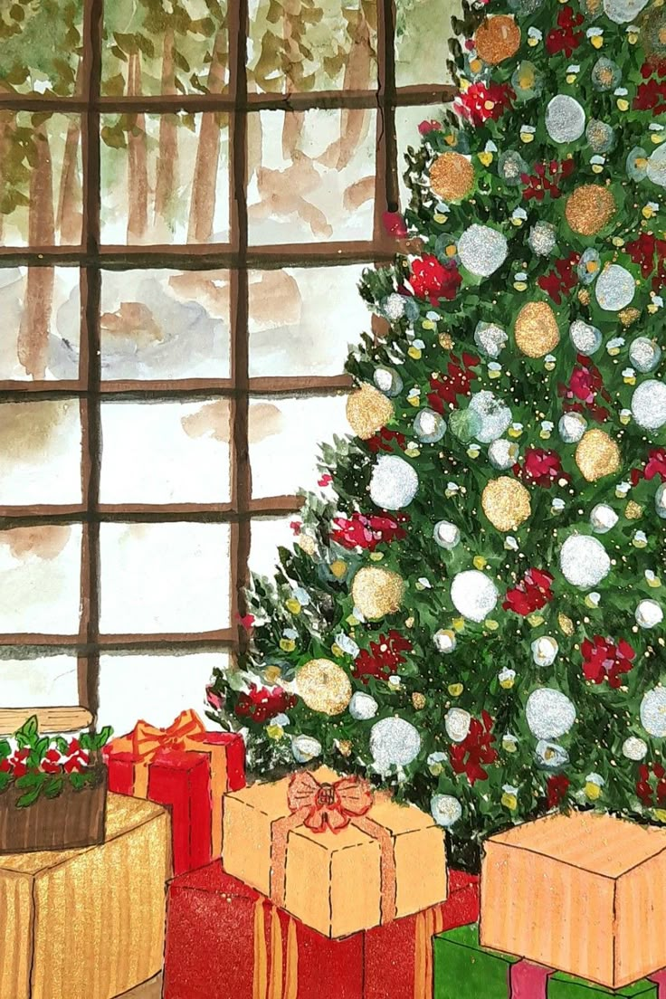 Christmas tree painting Snow Christmas theme Christmas red white green Christmas tree at the window Christmas Tree Painting Ideas, Christmas Painting Tutorial, Window Christmas Tree, Snowy Background, Window Christmas, Tree Decorations Christmas, Background Painting, Painting Christmas, Christmas Painting