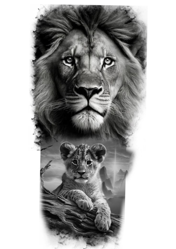 two pictures of lions and one is in black and white with the same image as it appears