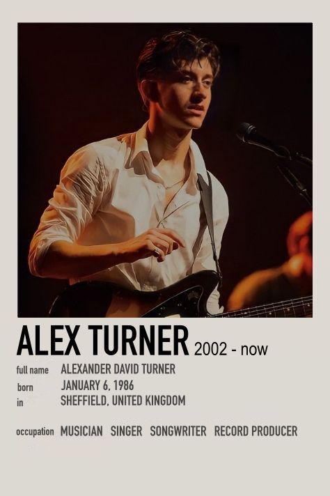 a man playing guitar in front of a microphone with an ad for alex turner on it