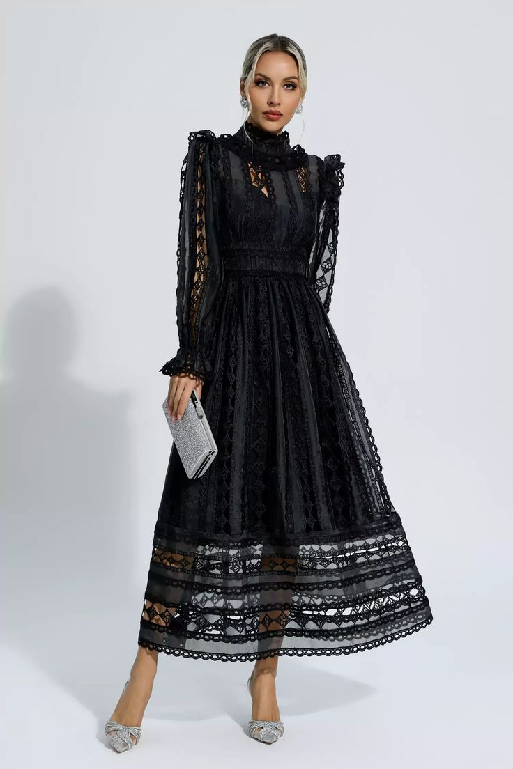 Turn heads wherever you go with the exquisite Mariam Black Hollow Lace Long Sleeve Dress. Features a stand collar and long sleeves, beautifully adorned with intricate lace details. The hollow design adds a touch of allure and elegance to your ensemble. Dress Length: Approx 138cmMaterials: PolyesterGentle Dry Clean Only Lace Long Sleeve Dress, Lace Long Sleeve, Amazing Ideas, Hollow Design, Long Sleeve Lace Dress, Fashion Items, Dress Cuts, Bandage Dress, Product Images