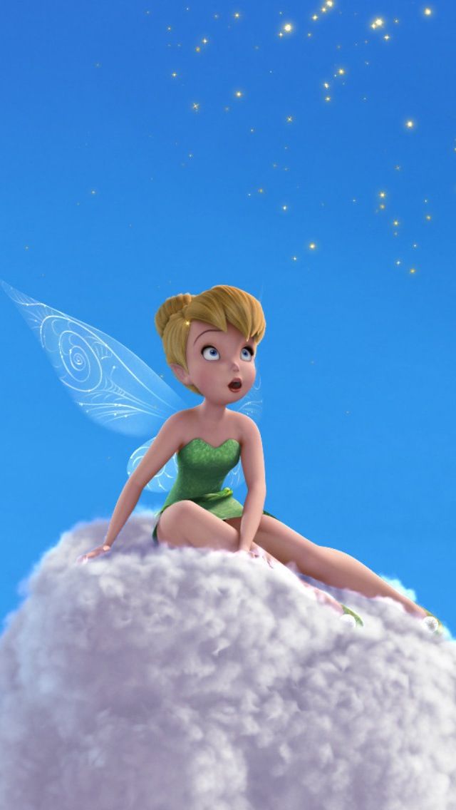 a cartoon tinkerbell sitting on top of a fluffy cloud