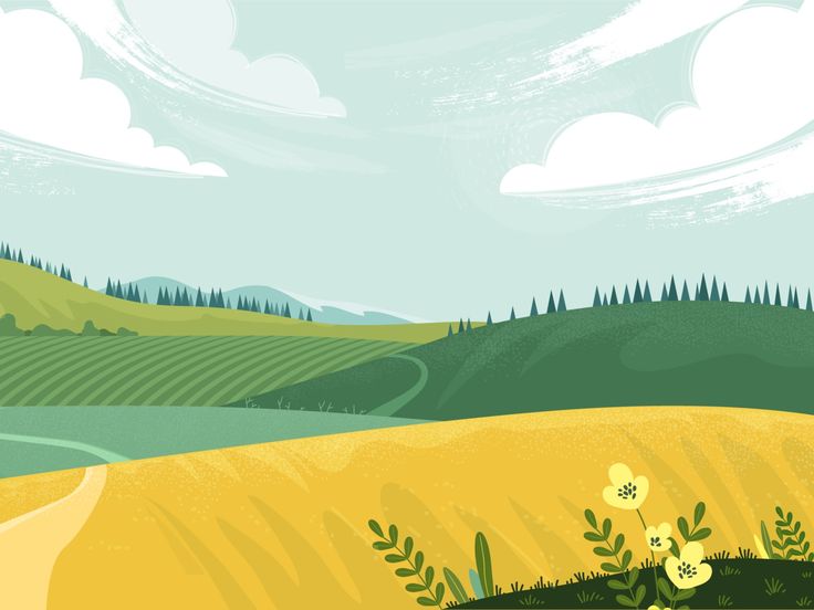 an illustration of a rural landscape with hills and flowers in the foreground, on a sunny day