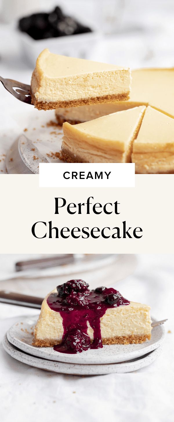 a cheesecake with blueberry sauce on top and the words creamy perfect cheesecake above it