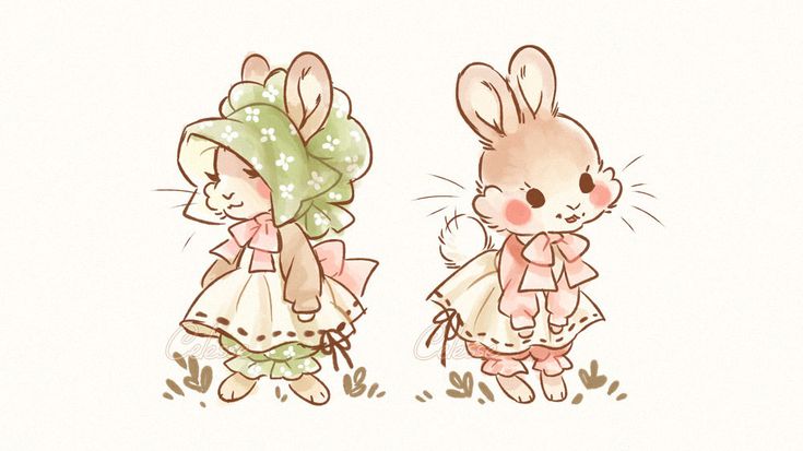 two little rabbits dressed in dresses and hats