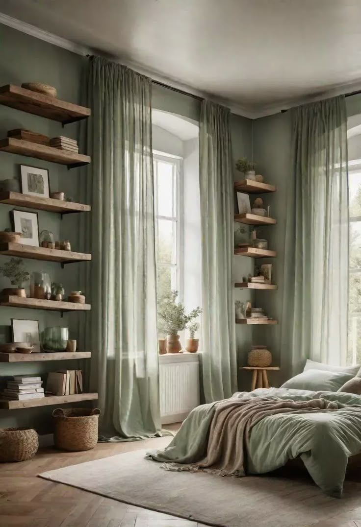 a bedroom with green walls and wooden shelves