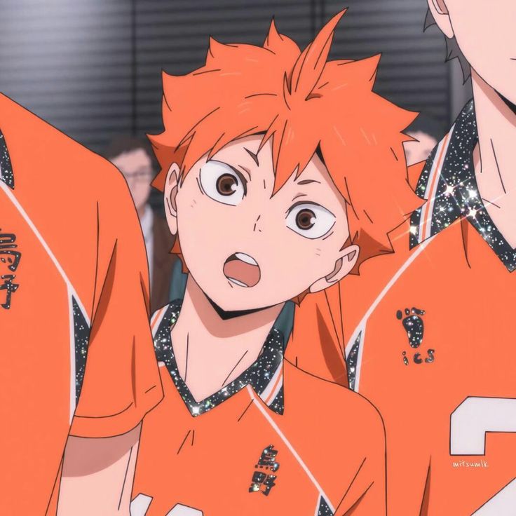 an anime character with orange hair and two other characters in orange shirts looking at the camera