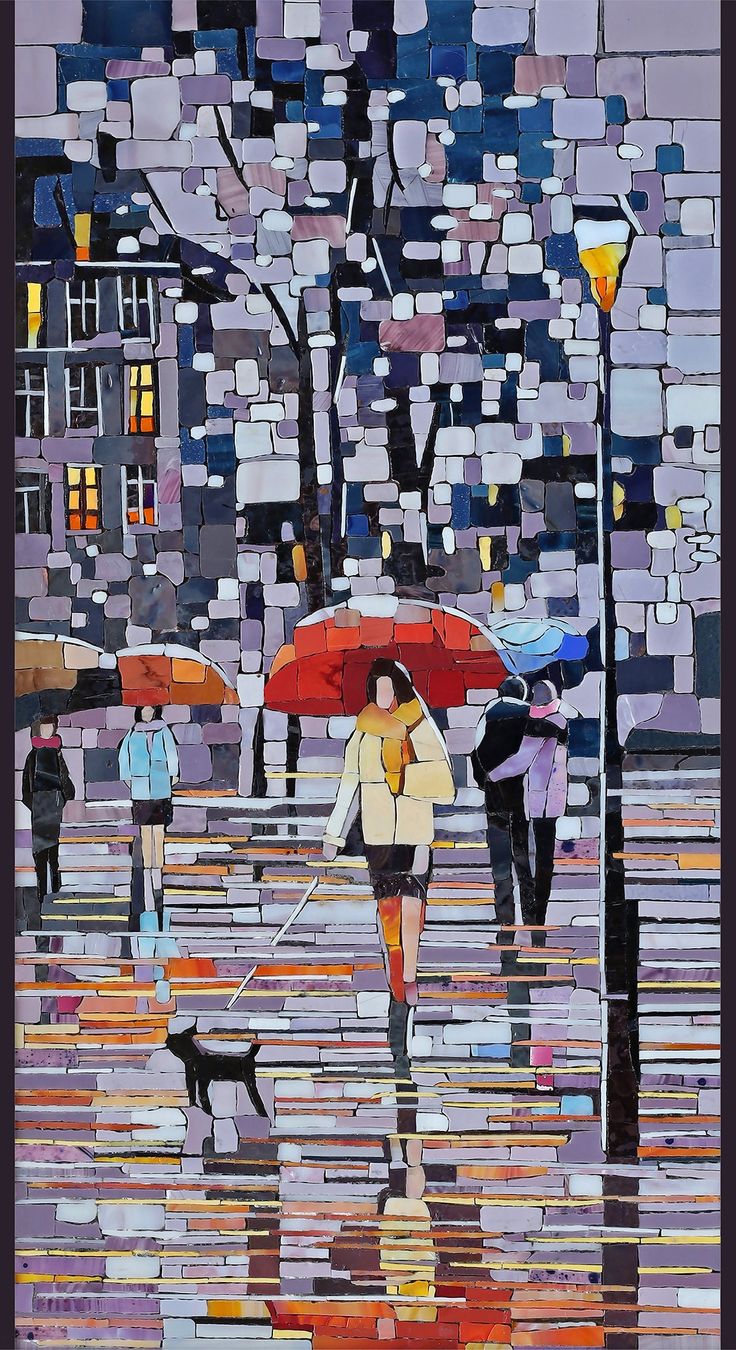 a painting of people walking in the rain with umbrellas