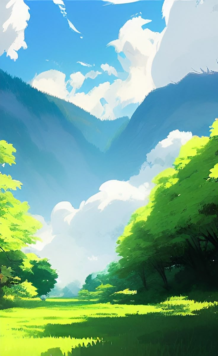 an anime landscape with mountains and trees in the background, as well as grass on the ground