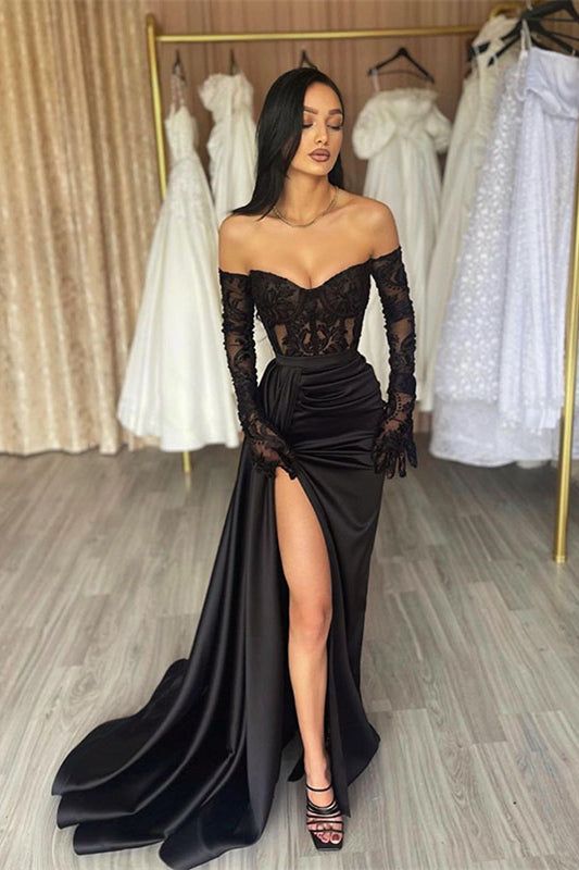 Charming Long Black Off-the-Shoulder Lace Mermaid Long Sleeves Prom Dresses Long Slit Online-Ballbella Sweetheart Evening Dress, Plus Size Evening Gown, Split Prom Dresses, Mermaid Prom Dresses Lace, Prom Dresses 2023, Prom Dresses 2024, Vintage Black Dress, Sweetheart Prom Dress, Evening Party Gowns