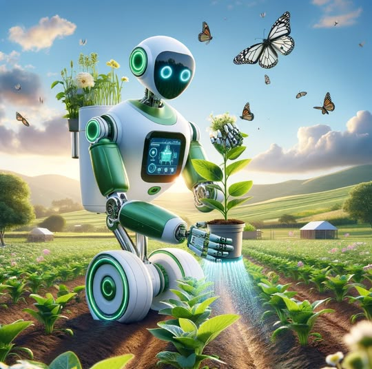 a robot is standing in the middle of a field with plants and butterflies flying around