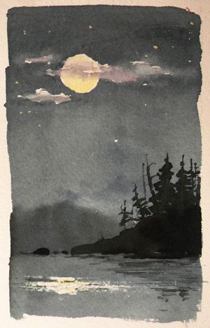 a watercolor painting of trees and the moon in the night sky over a body of water