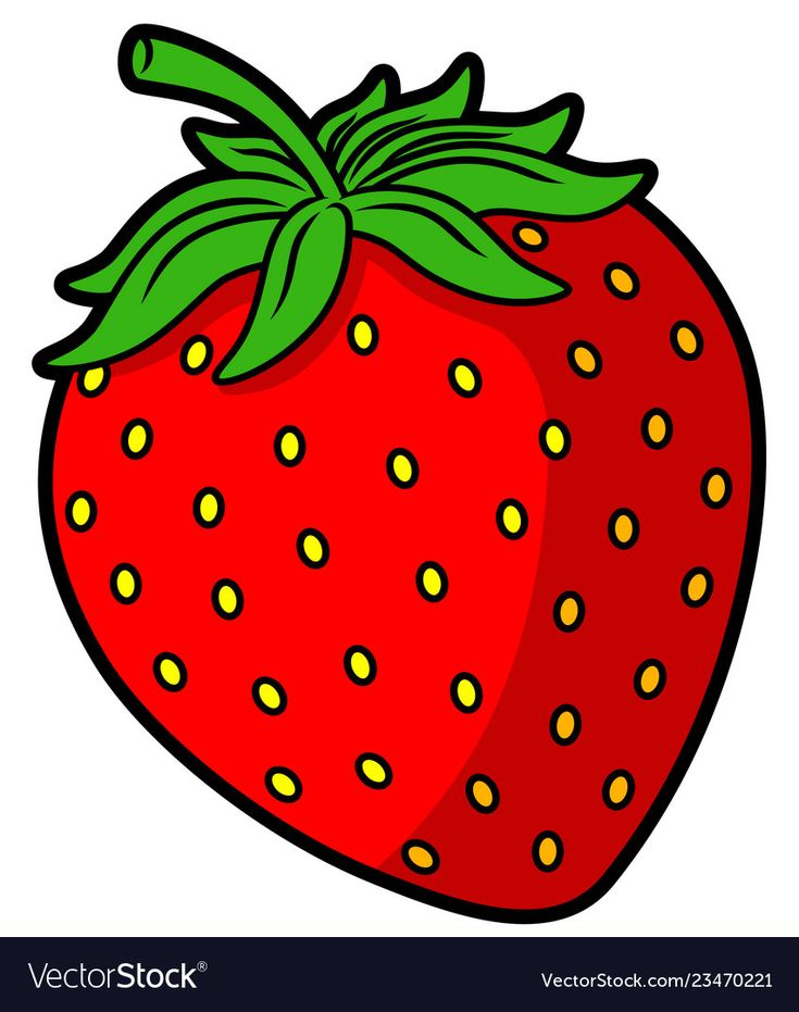 a red strawberry with green leaves and yellow dots on it's side, in a cartoon style