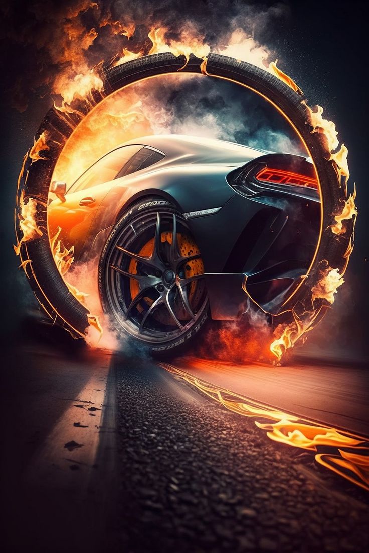 a car with flames coming out of it's tires