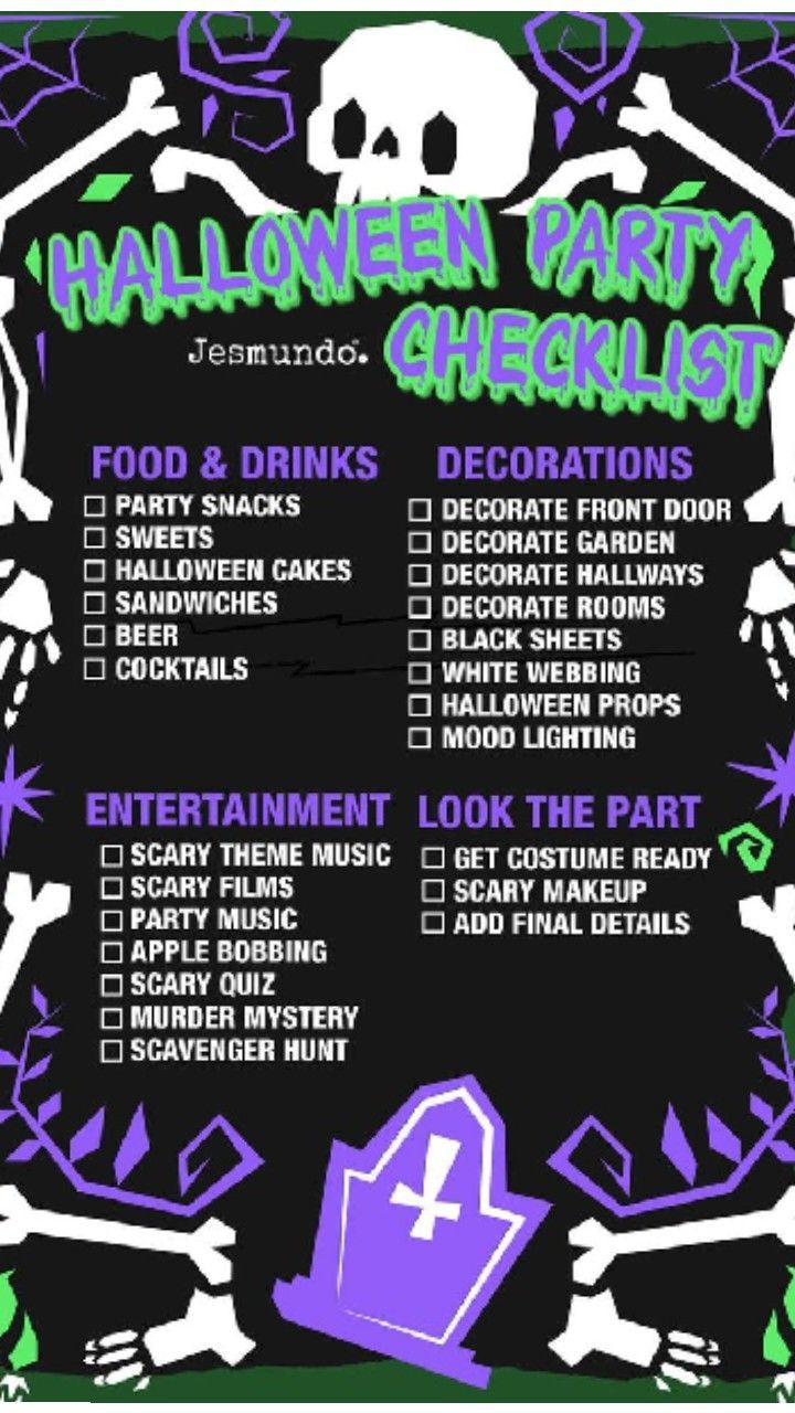 a halloween party checklist with purple and green colors