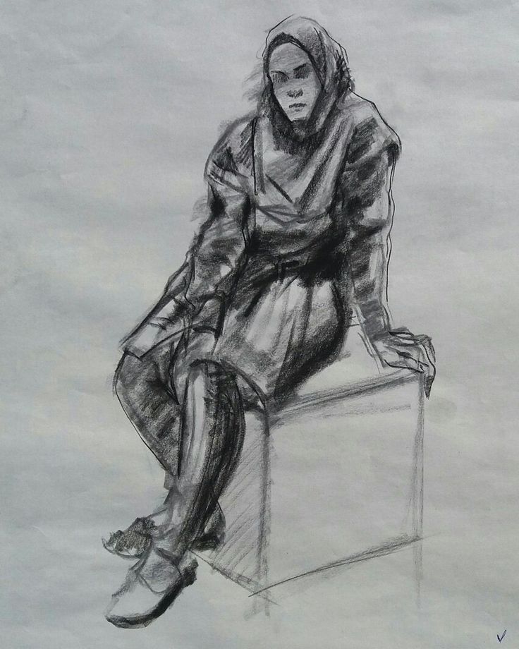 a drawing of a woman sitting on top of a box