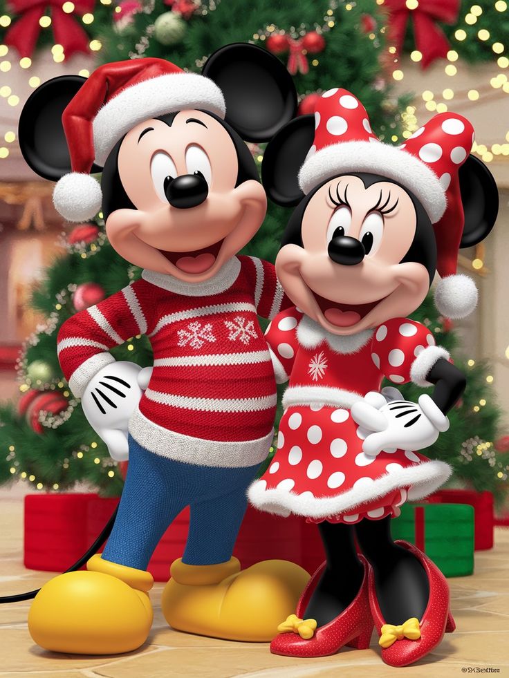 two mickey and minnie mouses standing next to each other in front of a christmas tree