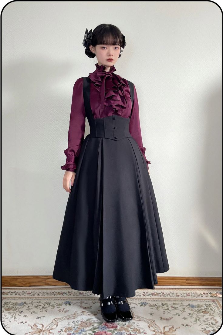 Susin -The Gothic Poem- Gothc Lolita Corset JSK, Cape Style Blouse, Shirt and Ouji Trousers Class Costume Ideas, Ouji Fashion Girl, Shirt And Trousers Women, Victorian Clothing Women, Gothic Uniform, Cape Style Blouse, Ouji Style, Victorian Outfit, Gothic Victorian Dresses