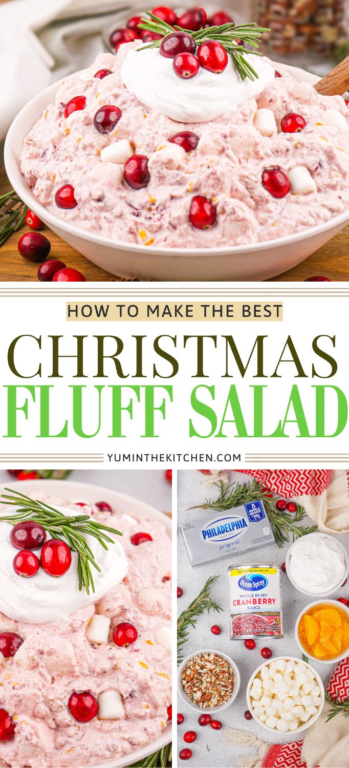 christmas fluff salad with cranberries and cherries in the middle, served on a platter