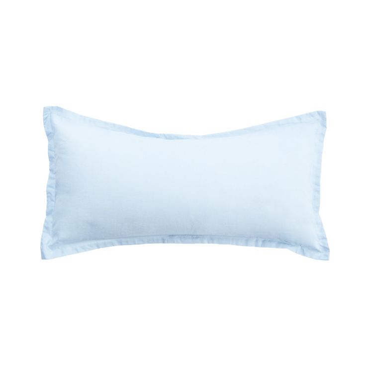 a white pillow with blue ruffles on the front and back side, against a white background