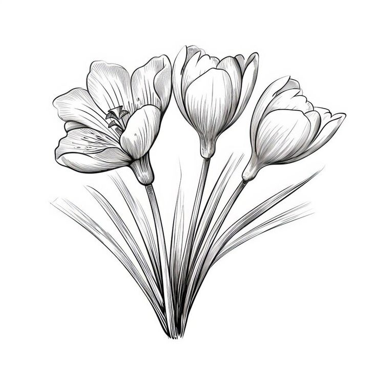 three flowers are shown in black and white on a white background, one is drawn by hand