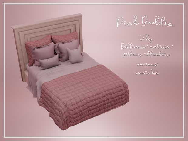 a pink bed with pillows and blankets on it