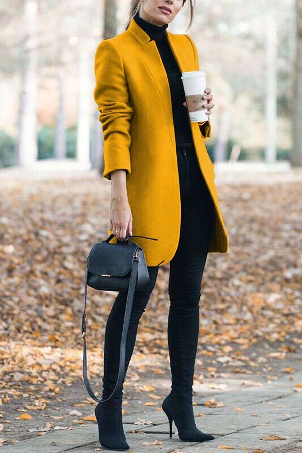 Rodress-women-outfit-betsellers--fashion-solid-color-stand-up-collar-coat Elegant Fall Outfits, Look Legging, Yellow Coat, Straight Clothes, Stylish Coat, Elegant Fall, Collar Coat, Mini Robes, Collared Coat