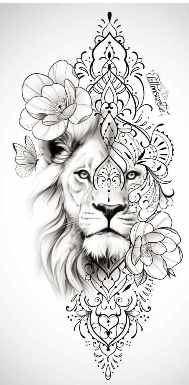 Thigh Lion Tattoos Women, Woman Lion Tattoo, Delicate Lion Tattoo, Elephant And Lion Tattoo Ideas, Geometric Lion Tattoo Design, Lion Tattoos For Men, Lion Sleeve Tattoo Woman, Lion Flower Tattoo, Animal Portrait Tattoos