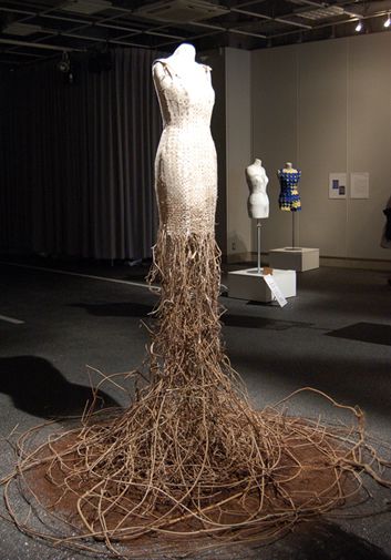 there is a dress made out of twigs on display in the museum's exhibit