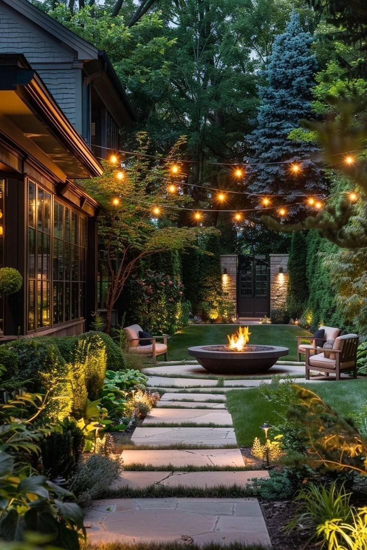 an outdoor patio is lit up with string lights and seating around the fire pit, surrounded by lush greenery