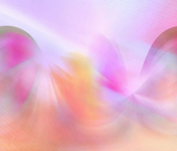 blurry photograph of abstract shapes in pink, yellow and blue colors with white background