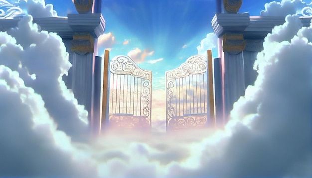 an open gate in the sky with clouds surrounding it