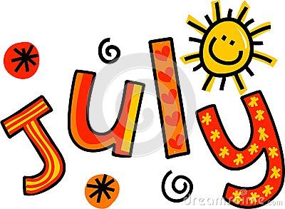 the word july is written in orange and red letters with sun, stars, and swirls