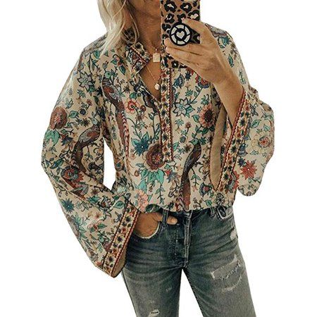 Hello! Welcome to our store! Fashion design,100% New,High Quality! Quality is the first with best service. customers all are our friends. Vintage Women Printed Ethnic Style Long Sleeve Blouse Ladies Boho V Neck Tops Material: Polyester Color: BeigeRose RedYellowOrange Style: Fashion Size: S , M, L, XL There is 2-3% difference according to manual measurement. please check the measurement chart carefully before you buy the item. 1 inch = 2.54 cm Please note that slight color difference should be a Look Hippie Chic, Long Sleeve Loose Blouse, Beach Blouse, Flower Print Blouse, Mode Hippie, Peacock Print, Chic Blouses, Loose Outfit, Loose Shirts