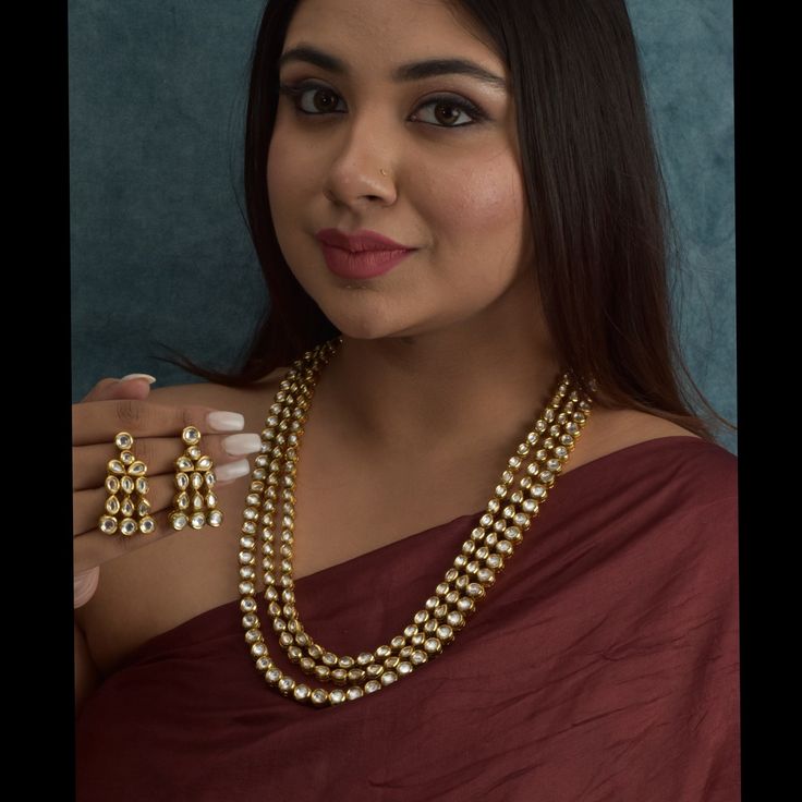 Uncut Polki Kundan Multi-Layer Necklace/Sabyasachi Inspired Jewelry/Gold Plated Jadau Kundan Bridal Long Necklace/Simple Set *PRODUCT DETAIL* * Material: Brass * Plating: Gold Plated * Stone: Semi Precious Kundan *DIMENSIONS * * Necklace- Weight: 191 gm, Length: 2.3 Inches, Width: 1 Inches * Earrings- Weight: 14 gm Each, Length: 1.75 Inches, Width: 1 Inches *ABOUT PRODUCT* * Beautiful Jadau Kundan Necklace Set in Gold Plating. * Style Tip : Exclusive Design to be a star of your collection. *DISC Elegant Temple Jewelry Kundan Necklace, Formal Kundan Necklace With Tilla, Festive Elegant Tilla Necklace, Elegant Chandbali Necklaces With Jewels, Elegant Long Kundan Necklace For Wedding, Elegant Festive Jewelry Sets With Long Necklace, Formal Festive Long Kundan Necklace, Elegant Tilla Necklaces For Party, Elegant Long Pearl Necklace For Festivals