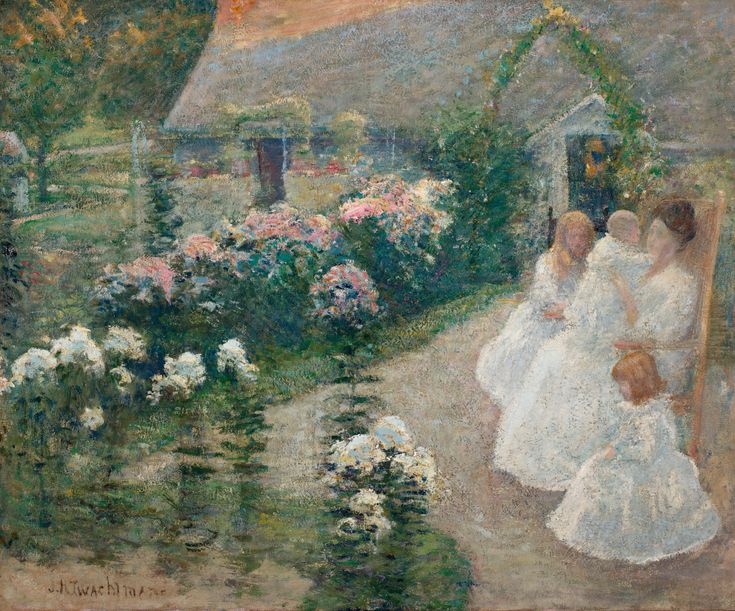 a painting of three women in white dresses walking down a path with flowers on either side