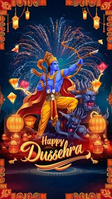 happy dussehanaa with fireworks in the sky and an image of lord rama