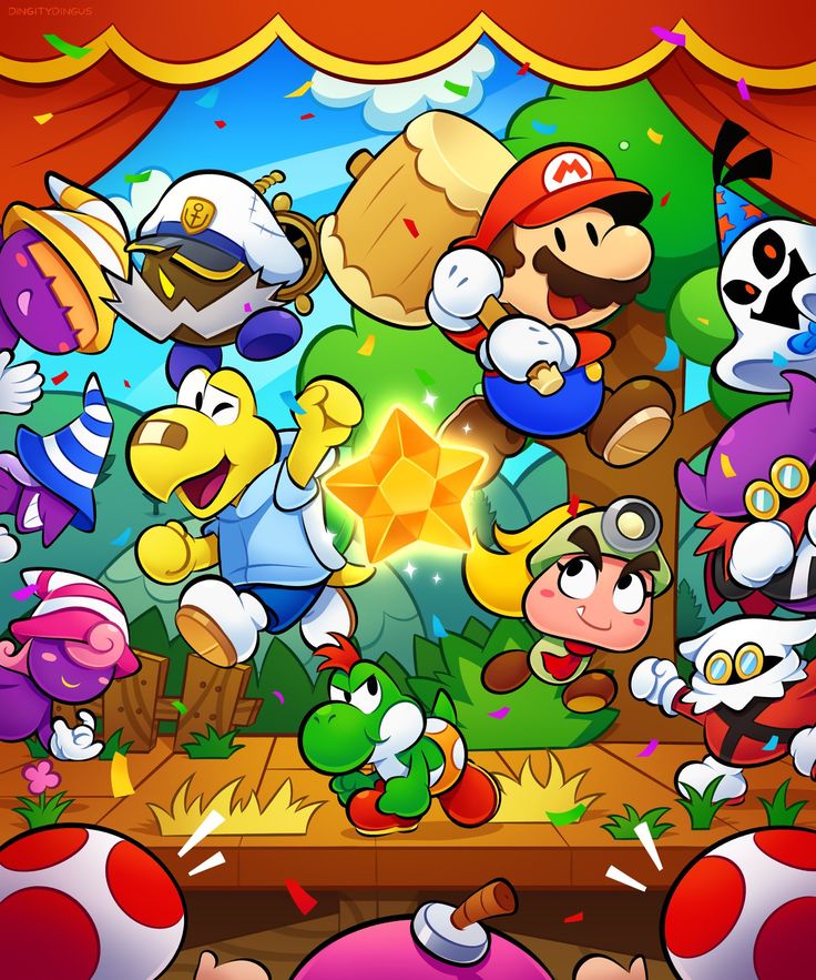 an image of mario kart and other characters in front of a stage with red curtains