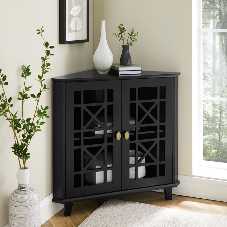 Gwen Fretwork Corner Accent Cabinet Living Room Walker Edison Black Black Corner Cabinet, Corner Accent Table, Armoire D'angle, Corner Storage Cabinet, Walker Edison Furniture, Corner Storage, Room Corner, Trellis Design, Corner Table