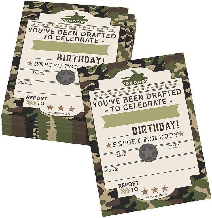 two camouflage birthday cards with the words, you've been drawn to celebrate it