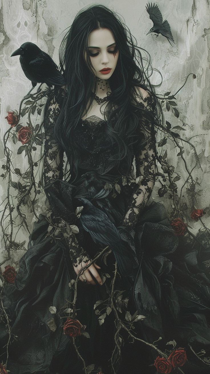 a woman with long black hair and two crows on her head sitting in front of a wall