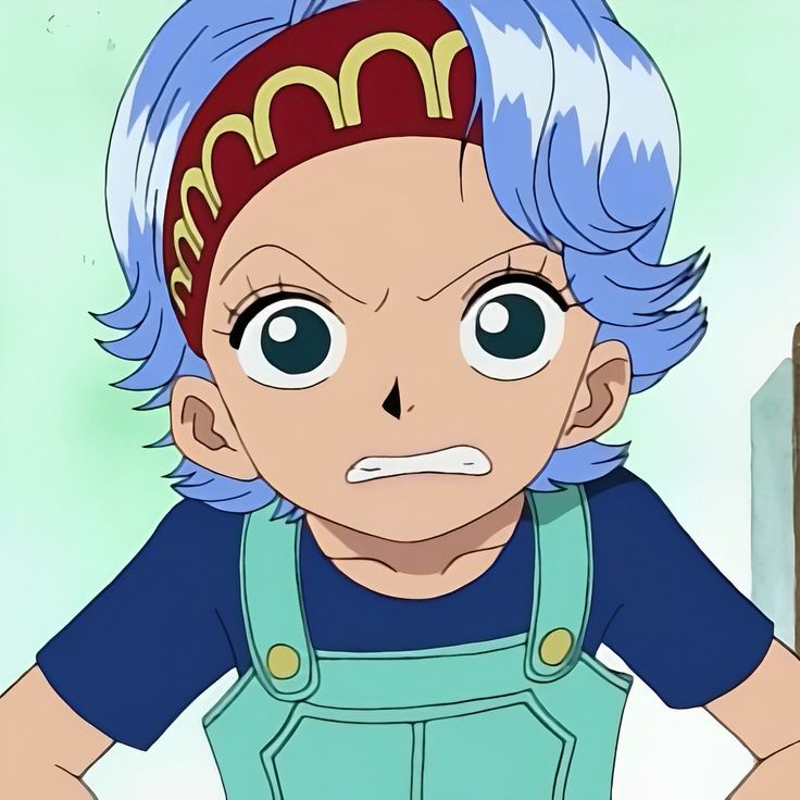 an anime character with blue hair wearing overalls