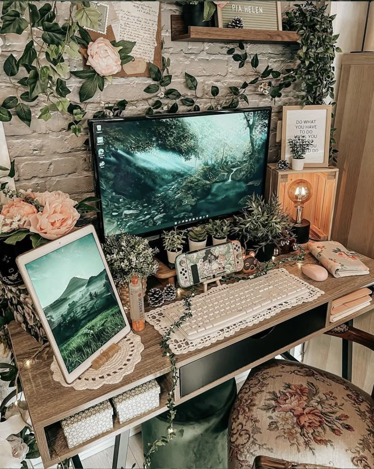 a desktop computer sitting on top of a wooden desk next to a monitor and keyboard