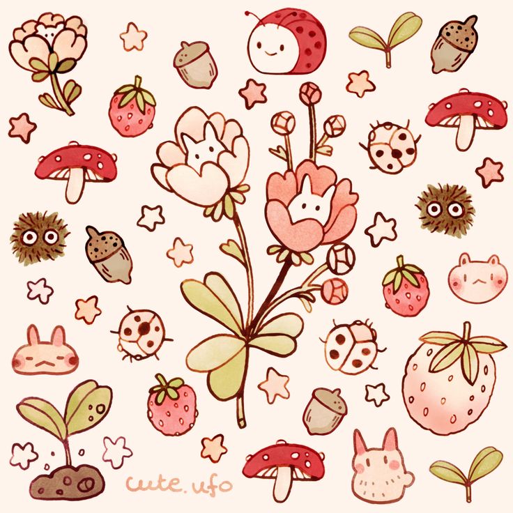 an assortment of cute cartoon animals and plants