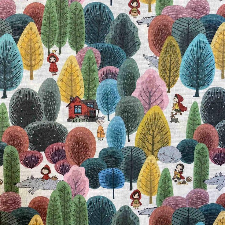 an image of a colorful forest with trees and animals on it's side, including a red house