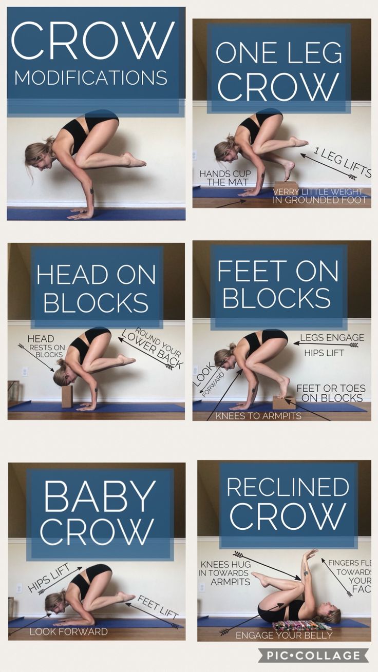 a woman doing yoga poses with the words baby crow on it