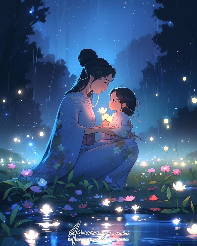 a mother and child are sitting in the rain at night with lanterns floating above them