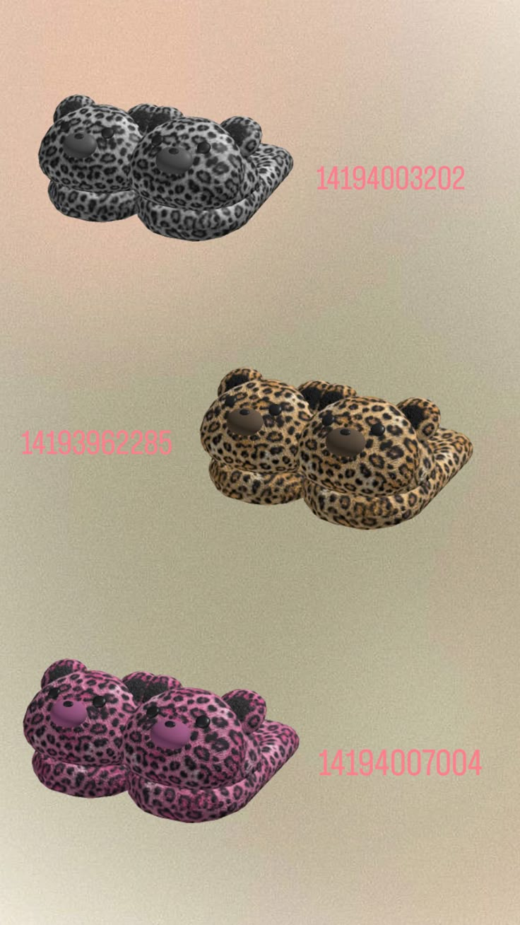 four pairs of slippers are shown in different colors and sizes, including leopard print