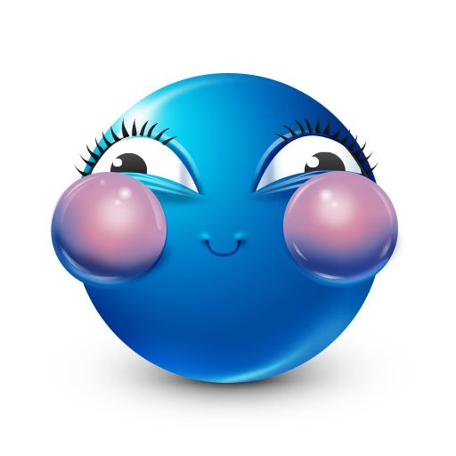 a blue smiley face with pink nose and eyelashes