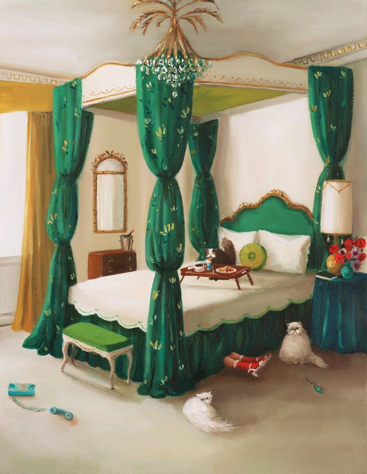 a painting of a green canopy bed in a bedroom with white walls and flooring