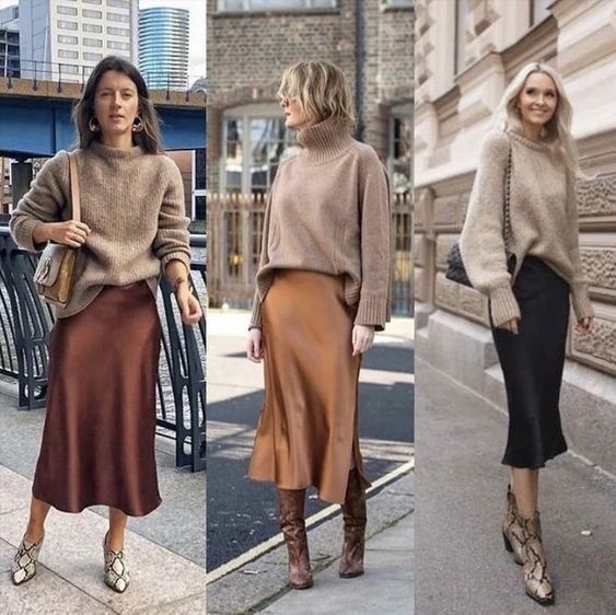 rust satin skirt how to wear this fall winter best outfit ideas trends skirt midi Slip Skirt Outfit, Silk Skirt Outfit, Skirt Outfit Fall, Silk Slip Skirt, Satin Skirt Outfit, Slip Dress Outfit, Rok Outfit, Winter Skirt Outfit, Skirt Trends